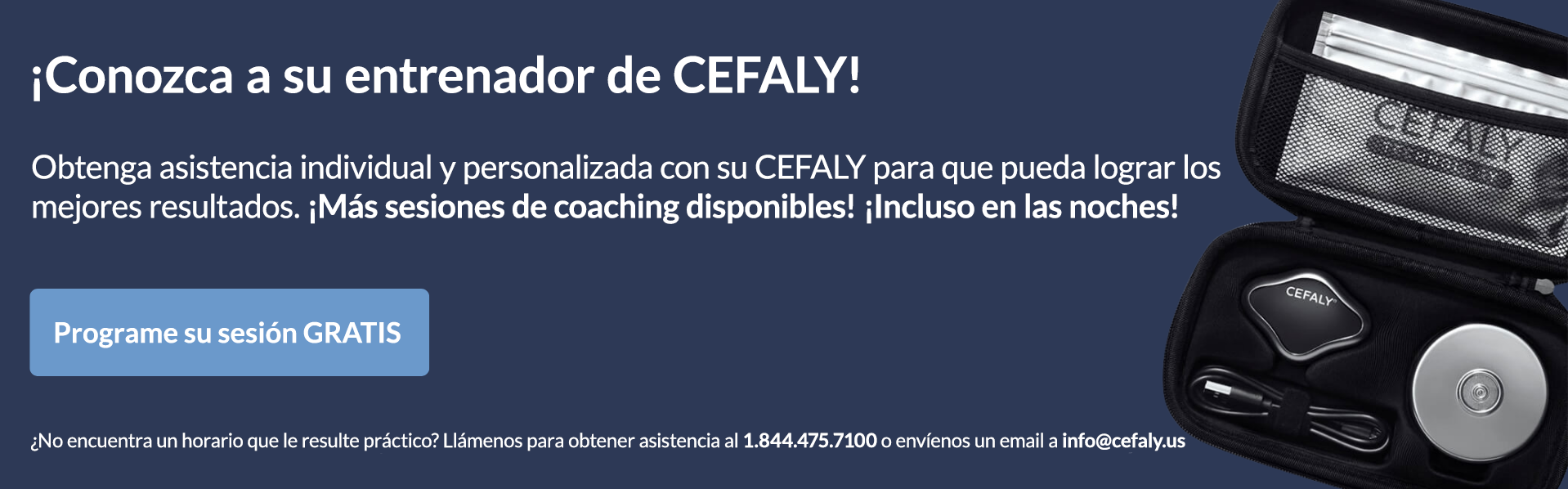 Imagen de "Conozca a su entrenador de CEFALY" y enlace al calendario para programar un horario con el entrenador